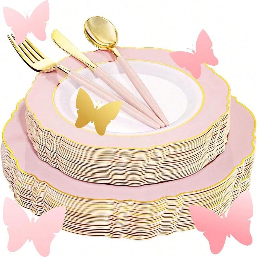 30Guest Pink Plates Disposable Hignend Baroque Design Gold Plastic Silverware With HandleBaroque Pink AndGold Plastic Dinnerware For Wedding Baby Shower - 粉色 - 查看 1