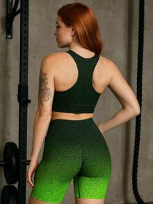 Women's Gym Fitness Sports Set Shorts + High Waist Premium Gradient Top - Neon Green - View 2