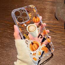 Pumpkin Autumn Leaves With Coffee Transparent  Cell Phone Case Suitable For IPhone11 12 13 14 15 16 IPhone16 15 14 13 12 11 Pro Max XS XR X 7 8 Plus SE 12 13 Mini Series Phone Case Suitable For Christmas Halloween Gift Girlfriend, Boyfriend, Friend - Clear - View 1