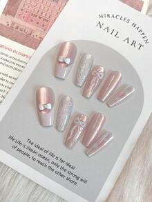 Summer Nail Art Is Gentle And Sweet. The 10-Piece Set Includes A Long-Style Coffin-Shaped Pink French-Style White Three-Dimensional Bow, Hand-Painted Pink Bow, Hearts, And Shiny Fine Glitter To Enhance Whiteness, Making It A Sophisticated And High-End Style Nail Art For Wearing.