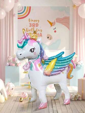 1 个 4D 站立独角兽铝箔气球和 25 个马卡龙色乳胶气球，站立独角兽戴皇冠设计，马卡龙粉色蓝色黄色紫色绿色乳胶气球，用于生日派对装饰，动物铝箔气球，马卡龙主题生日派对，动物派对装饰，派对用品，独角兽主题生日派对，性别揭晓，生日派对礼物