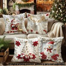 4 Stücke Weihnachts-Bestseller 2D Digital Bedruckte Samt Soft Touch Kissenbezüge, Weihnachtsmann, Weihnachtszahlen, Rentier, Schneemann, Schneeflocke, Weihnachtsdekoration, Fröhliche Weihnachten, Weihnachtsgeschenke, Polyestermaterial, verdeckter Reißverschluss, ohne Füllung, geeignet für Heimdekoration, Wohnzimmer, Kissenbezug, Kissenhülle, Sofa-Dekoration, Polsterbezug