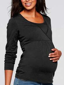 1 pièce T-shirt casual d'allaitement à manches longues en tricot, col rond, grande taille et maternité, noir - Noir - Voir 3