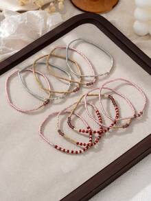 10pcs/Set Handmade Mixed Color Beaded Multilayer Elastic Bracelet Set For Women, Suitable For Holiday Party Jewelry Accessories - Multicolor - View 4