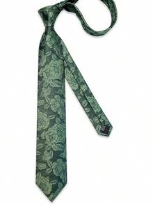 Silk Floral Necktie Set With Tie Clip, Handkerchief & Cufflinks - Olive Green - View 5