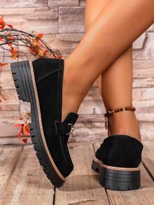 女士秋季新款蝴蝶结厚底厚底乐福鞋，时尚百搭休闲鞋