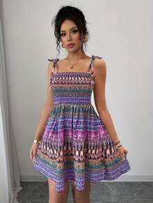 Women's Elegant Off-Shoulder Sleeveless Wrap Dress, Vibrant Floral Print Fitted Top & Flowy Skirt, Summer Casual To Semi-Formal Wear, Fashion Women's Clothes For Beach Holiday - 紫色 - 查看 3