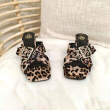 Summer Women's Chunky Heel Sandals - Leopard Print/Metallic Sheen/Minimalist Versatile Style - Fashionable One-Strap Slides, Suitable For Young People - LEOPARD - View 4