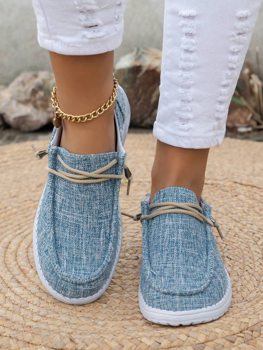 Women's Loafers, Casual Holiday Style, Four Seasons Style, Indoor And Outdoor, Solid Color Pattern, Versatile, Light And Comfortable, Round Toe, Elastic Laces, Easy To Put On And Take Off Flat Shoes - 藍色 - 查看 1