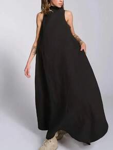 女士纯色休闲无袖口袋连衣裙 黑色 夏季优雅 - 黑色 - 查看 2
