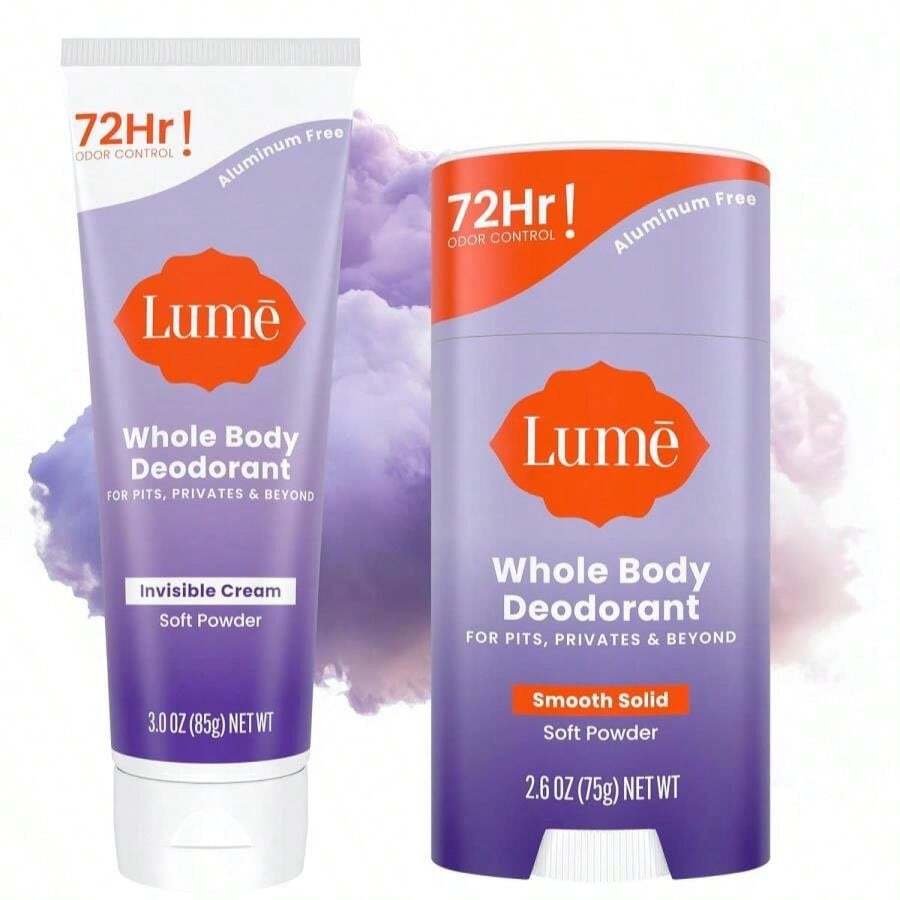 Lume Whole Body Deodorant - Invisible Cream Tube And Solid Stick - 72 Hour Odor Control - Aluminum Free, Baking Soda Free, Skin Loving - 30 Ounce Tube And 26 Ounce Solid Stick Bundle (Vanilla Bliss) - Soft Powder - 查看 1