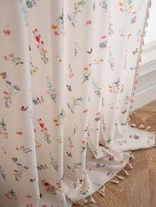 1pc Fresh Ditsy Floral & Butterfly Printed Tasseled Curtain, 3D Bamboo Woven Fabric, Fits Kitchen Short Window, Washable, Farmhouse Style Room Divider, Suitable For Bedroom, Study, Living Room, Balcony, Kids Room, Fit For Party, Wedding, Festival Decor, Spring Decoration