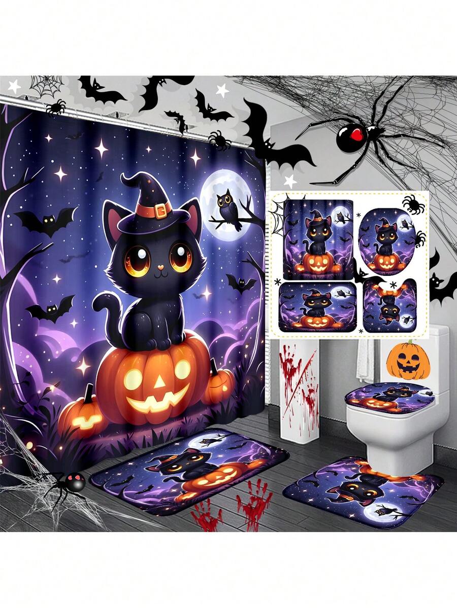 1pc/4pcs Halloween Pumpkin Lantern, Witch, Cat, Bat Pattern Polyester Waterproof Bathroom Shower Curtain With 12 Hooks, Bathroom Mat, U-Shaped Mat, Round Toilet Lid Cover, Bathroom Set For All Occasions Bathroom Decor - Multicolor - View 1