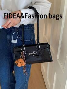 Fashionable New Women's Tote Bag, Solid Color Minimalist PU Leather Vintage Style, Suitable For Dates, Shopping, Versatile, Comes With Keychain Pendant - Black - View 4