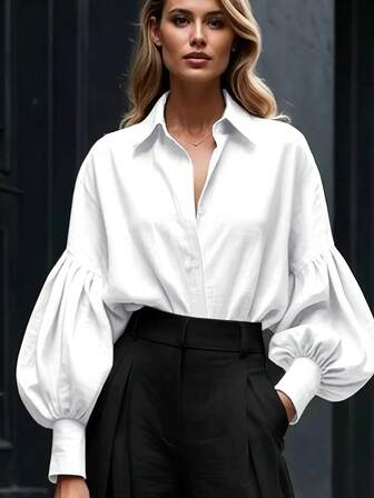 Women's Elegant White Blouse - Classic Long Sleeve Lantern Puff Sleeve, Suitable For Office, Casual, Formal Occasions In Spring, Summer, Autumn, Delicate Design With Soft Fabric And Fine Texture