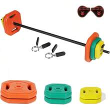 Juego de pesas con barra larga y discos, juego para desarrollo muscular con 8 discos de colores, 1 barra de acero, 2 seguros de seguridad