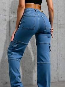 Pantalón Cargo Mezclilla Stretch Mujer Corte Recto Bolsas Laterales - Azul lavado medio - Ver 2