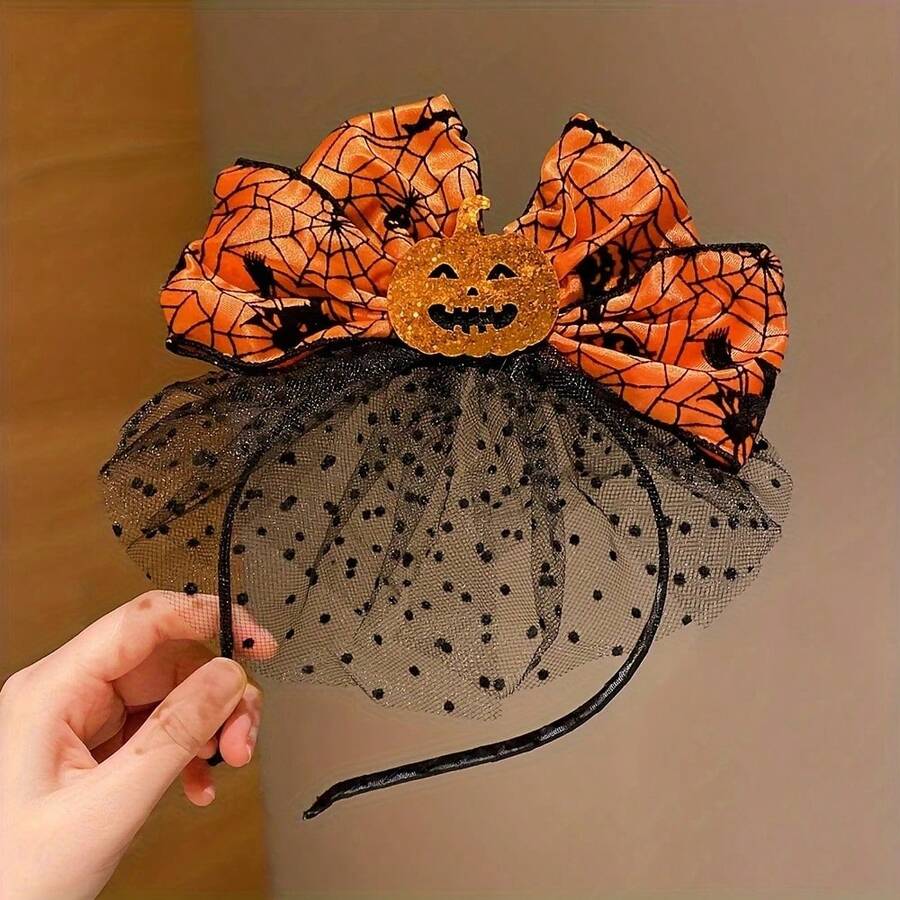 Halloween Pumpkin Headband With Orange Spider Web Bow - LEMON LOVE Party Accessory, Unisex Resin And Mesh Hair Clip, For Holiday Costume And Photo Shoot Props - Multicolor - View 1