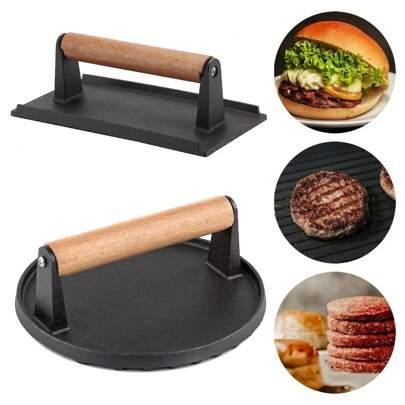 Burger Meat Bacon Press, Heavy Duty Cast Lron Non-Stick - Heavy Duty Hamburger Press W/Heat Resistant Handle, Pre Seasoned Sandwich & Grill Press -Quesadillas, Hamburgers & Steaks