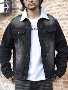 Jaqueta Denim de Manga Longa com Gola de Pelúcia, Estilo Coreano Retrô Lavado, Adequada como Presente para Namorado ou Marido, para Outono e Inverno