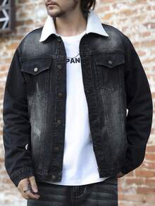 Jaqueta Denim de Manga Longa com Gola de Pelúcia, Estilo Coreano Retrô Lavado, Adequada como Presente para Namorado ou Marido, para Outono e Inverno