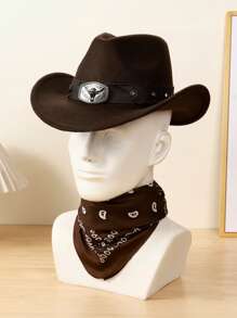 1 Set Unisex Cowboy Hat With Bull Horn Decor + 1 Cashew Pattern Scarf Fashion Outfit, Suitable For Horse Riding, Rodeo, Music Festivals, Bars, Gifts And Daily Use