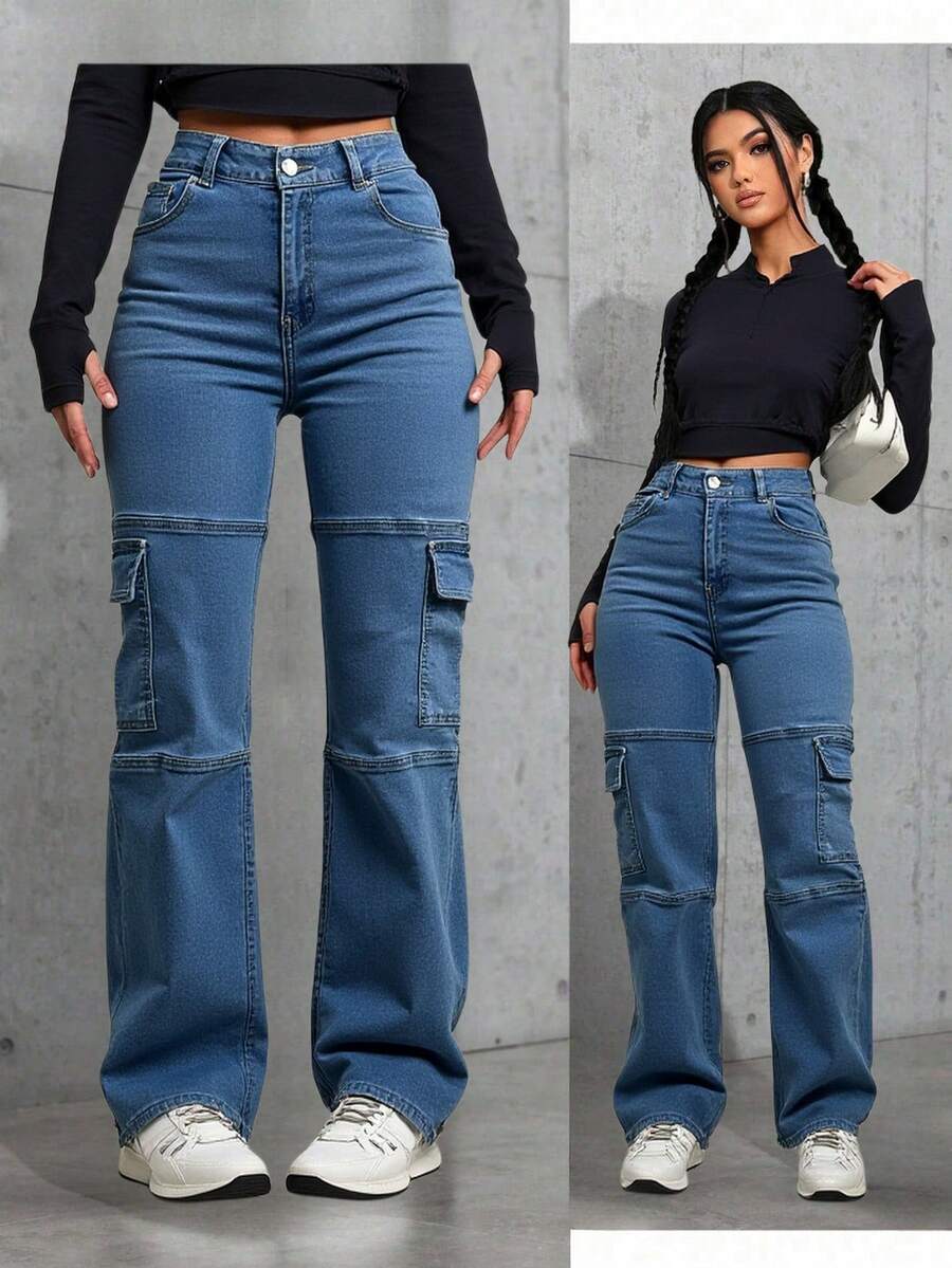 Pantalón Cargo Mezclilla Stretch Mujer Corte Recto Bolsas Laterales - Azul lavado medio - Ver 1