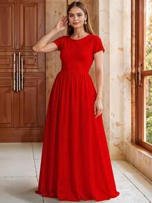 Vestido Largo de Cuello Redondo, Entallado de Manga Corta y Silueta Evasé Elegante para Mujer - Rojo - Ver 3