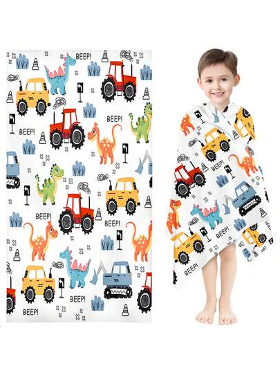 1 件儿童沙滩巾卡通恐龙和拖拉机碰撞沙滩巾采用涤纶材料制成，带有数码印花图案，吸水速干，适合在海滩玩耍，适合男孩、女孩和青少年日常使用