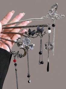 5件套复古黑色优雅新款中国风金属蝴蝶印花流苏发簪发髻发夹配饰发髻发卡发髻器发髻发片发型造型发夹，发髻延长器，发夹，学生用品，发饰，头部配饰