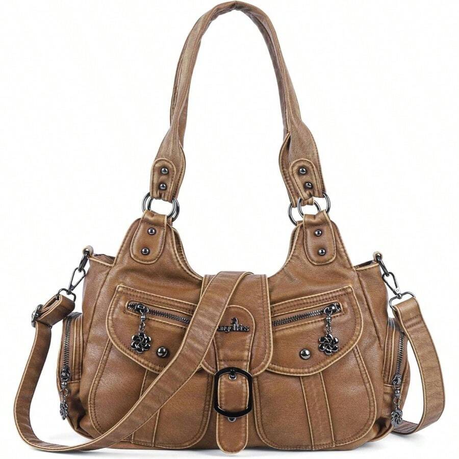 Hobo Bags For Women Vegan Leather Shoulder Purses And Handbags Ladies Roomy Tote Bags Purse With Crossbody Strap - 2-棕色 - 查看 1