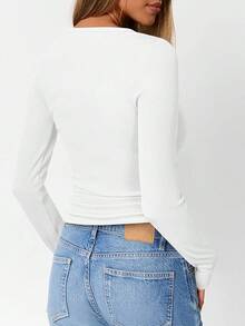 Womens Long Sleeve Shirts Henley Casual Outfits Slim Fitted Polyester Tops Ribbed Fashion Basic Tees 2026 Light And Breathable - trắng - Xem 4