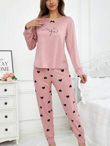 Women's Heart Pattern Long Sleeve Top & Pants Casual Pajama Set, Suitable For Spring And Autumn, Fall Winter Clothes - Multicolor - View 3