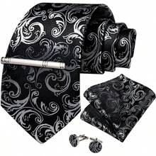 Conjunto de corbata de seda con estampado floral, incluye pinza de corbata, pañuelo y gemelos - Negro y plata - Ver 7