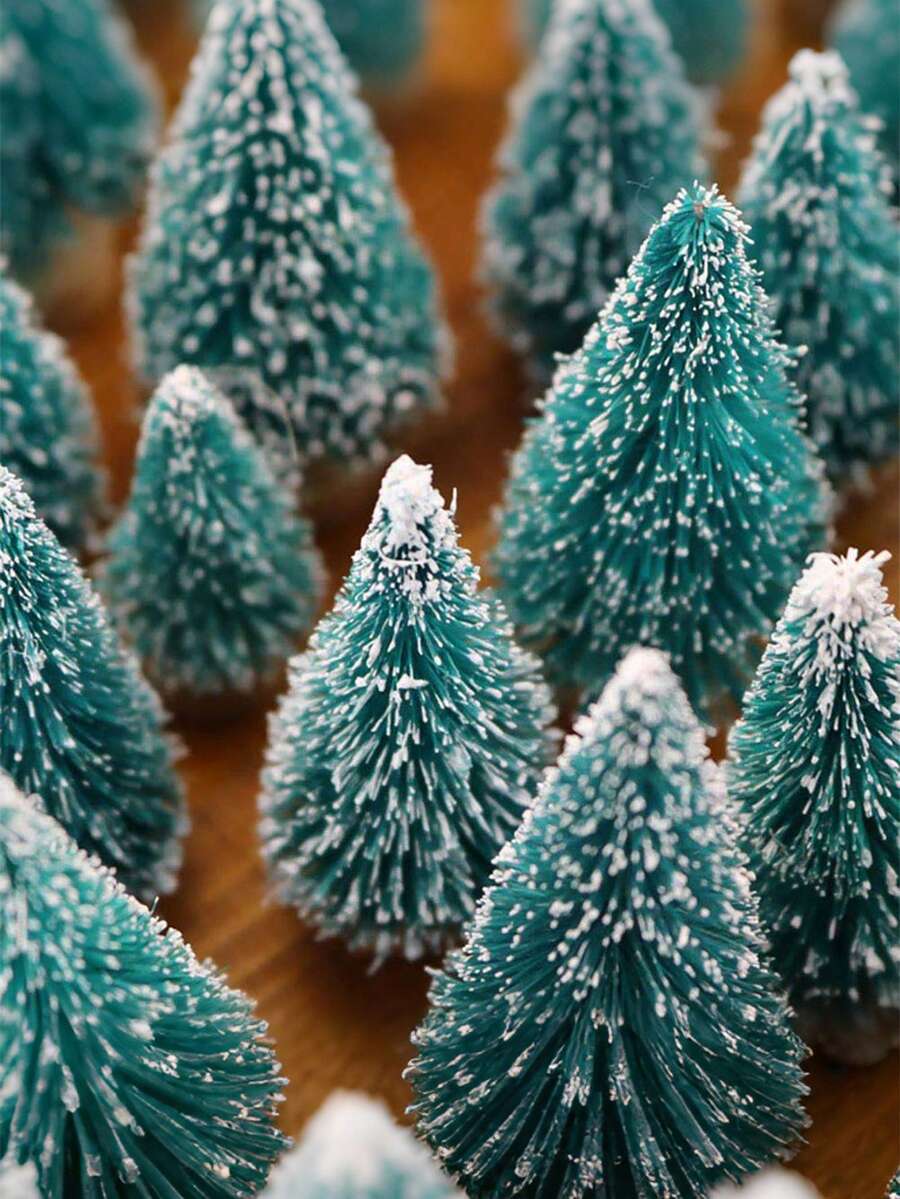 6pcs Mini Bottle Brush Christmas Trees With Wooden Base, Artificial Plastic Mini Trees For DIY Crafts, Winter Snowflake Decor, Suitable For Christmas Table Party (Blue Green), Christmas Decoration, Home Christmas Gift, Christmas Ornament - Teal - View 1