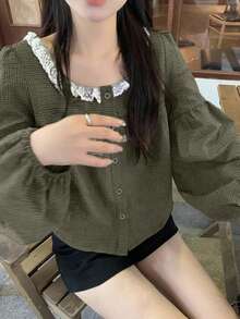 别致复古格子方领长袖衬衫，甜美青春休闲风，2025 年春夏女装