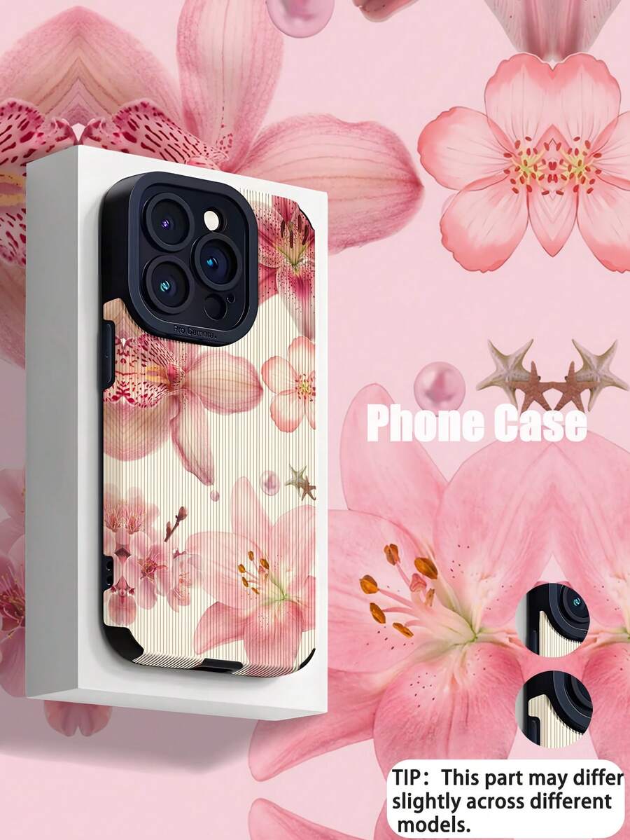 粉色新款花卉图案软硅胶手机壳，1个装，兼容苹果15/15PLUS/15PRO/15PROMAX，防水防震防摔防刮花