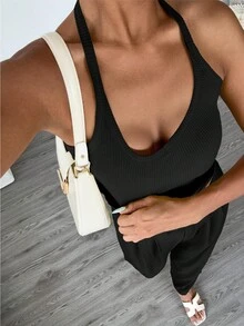 Camiseta Casual, Sexy e Versátil com Costelas, Primavera/Verão - Preto - Visão 3