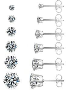 Juego de aretes de acero inoxidable con circonita cúbica hipoalergénica, oro blanco de 18 quilates, circonita cúbica 316L, 6 pares de 3 a 8 mm, 3mm to 8mm, Acero inoxidable, Circonia cúbica - 1 - Ver 2