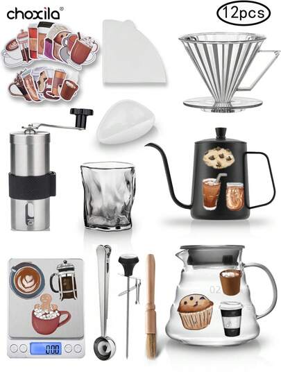 Coffee Tool Set, Gift Set, Coffee Hand Brew Set, V02 Coffee Drip Set, 12Pcs Drip Coffee Machine Set, Including Drip Pot, Filter Cup, Sharing Pot, Electronic Scale, Coffee Grinder, Bean Dish, Bean Spoon, Thermometer, Cleaning Brush, Glass, 50 Pieces Of Filter Paper, Free Stickers.