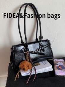 Fashionable New Women's Tote Bag, Solid Color Minimalist PU Leather Vintage Style, Suitable For Dates, Shopping, Versatile, Comes With Keychain Pendant - Black - View 7