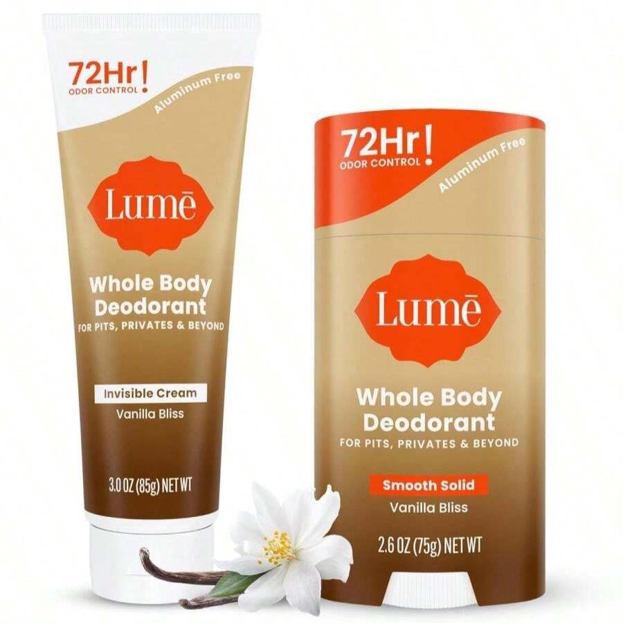 Lume Whole Body Deodorant - Invisible Cream Tube And Solid Stick - 72 Hour Odor Control - Aluminum Free, Baking Soda Free, Skin Loving - 30 Ounce Tube And 26 Ounce Solid Stick Bundle (Vanilla Bliss) - Vanilla Bliss - 查看 1