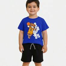 Children's Boy's Summer Look Set Basketball Print T-Shirt And Bermuda Shorts With Pocket - 藍色 - 查看 1