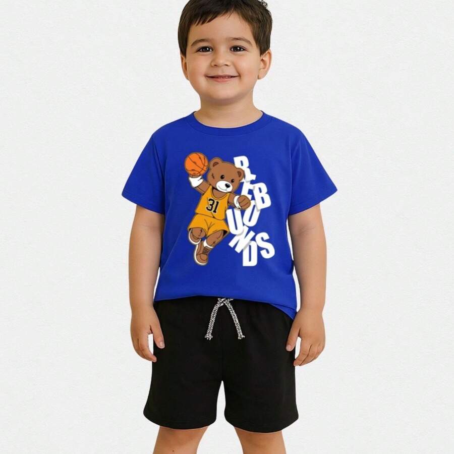 Children's Boy's Summer Look Set Basketball Print T-Shirt And Bermuda Shorts With Pocket - 藍色 - 查看 1