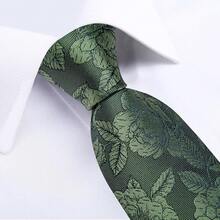 Silk Floral Necktie Set With Tie Clip, Handkerchief & Cufflinks - Olive Green - View 4