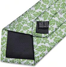 Silk Floral Necktie Set With Tie Clip, Handkerchief & Cufflinks - Green Floral - View 5