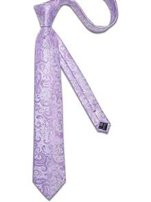 Silk Floral Necktie Set With Tie Clip, Handkerchief & Cufflinks - Lavender Purple - View 7
