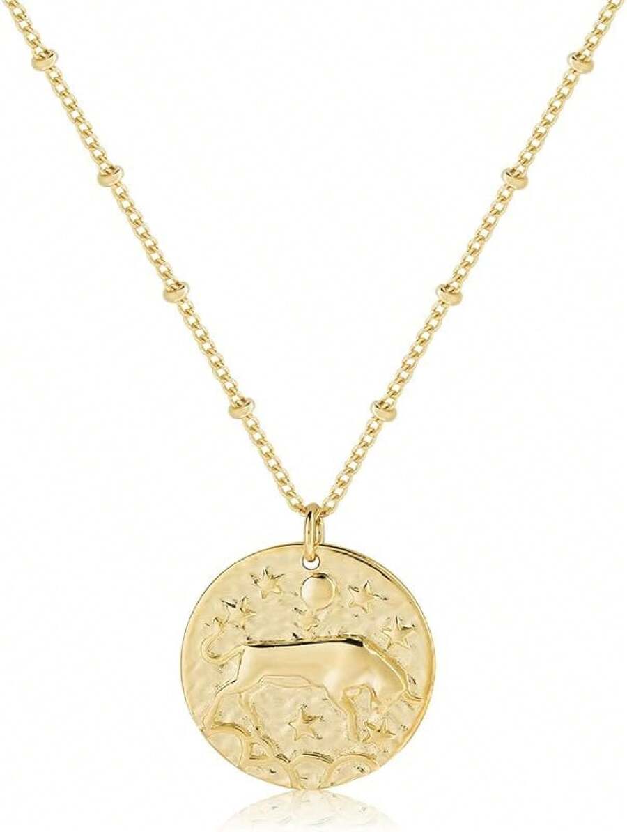 Zodiac Coin Embossed Choker Necklace Disc 12 Astrology Horoscope 14K Gold Plated Round Pendant Personalized Necklace Women Men - D 金牛座(4月20日-5月20日) - 查看 1