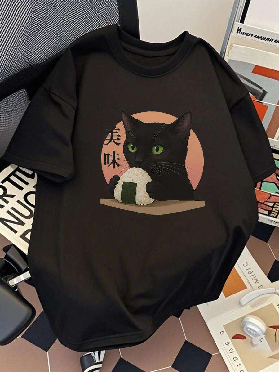 Couple Wear Cartoon Rabbit Print T-Shirt. Casual Short Sleeve Crew Neck T-Shirt That Can Be Worn By Both Men And Women. - 黑色 - 查看 1