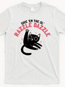 Unisex 2025 Summer Graphic T-Shirt - "Give 'Em The Ol' Razzle Dazzle" Cat Design, 180GSM Heavyweight Cotton, Short Sleeve Round Neck Casual Tee For Men & Women - 白色 - 查看 1